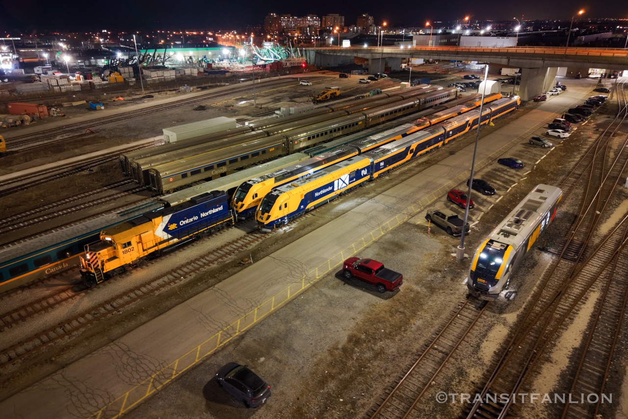 Ontario Northland’s TMC guard unit ONT 1802 spotting up Northlander TS2 ONT 940-949 on track C2, Northlander TS1 930-939 resting on track C1. VIA’s charger locomotive 2223 can be seen on closer track waiting to be coupled back on its trainset, this locomotive experienced locked axles on train 068/25 in January 2026 and was cut away at Belleville for on site truck replacement, later picked up by VIA 656/19 on Feb 19 back to MMC, then dead in tow on tail end of VIA 061/19 on Mar 19 to TMC.