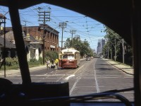 TTC 4312 is seen from within another PCC car in Toronto in June 1972.