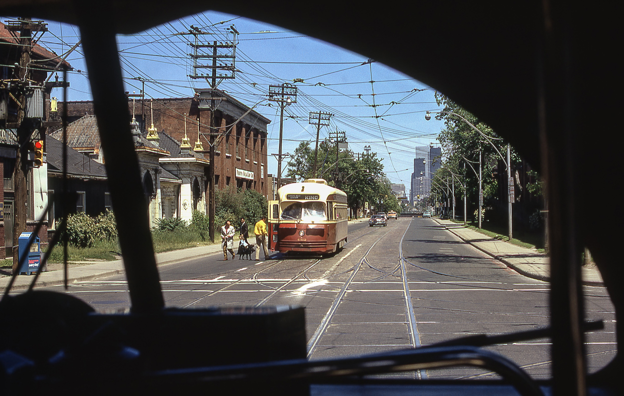 TTC 4312 is seen from within another PCC car in Toronto in June 1972.
