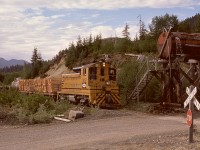 In the years before public road access was provided, logging roads were the alternate way to access timber harvesting communities in the Nimpkish valley on Vancouver Island, and supplies were best transported by rail.  Thus Canadian Forest Products 302 has two carloads of crossties and one tank car of fuel in addition to log empties southward by the road and rail water tank near Duncan reload on the way to Vernon Camp on Monday 1975-06-09.