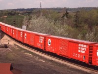 Not often you see anything as bright as this coming down the pike !!  A slew of new boxcars for the Providence and Worcester heading eastbound on the CN.  Impressive!!