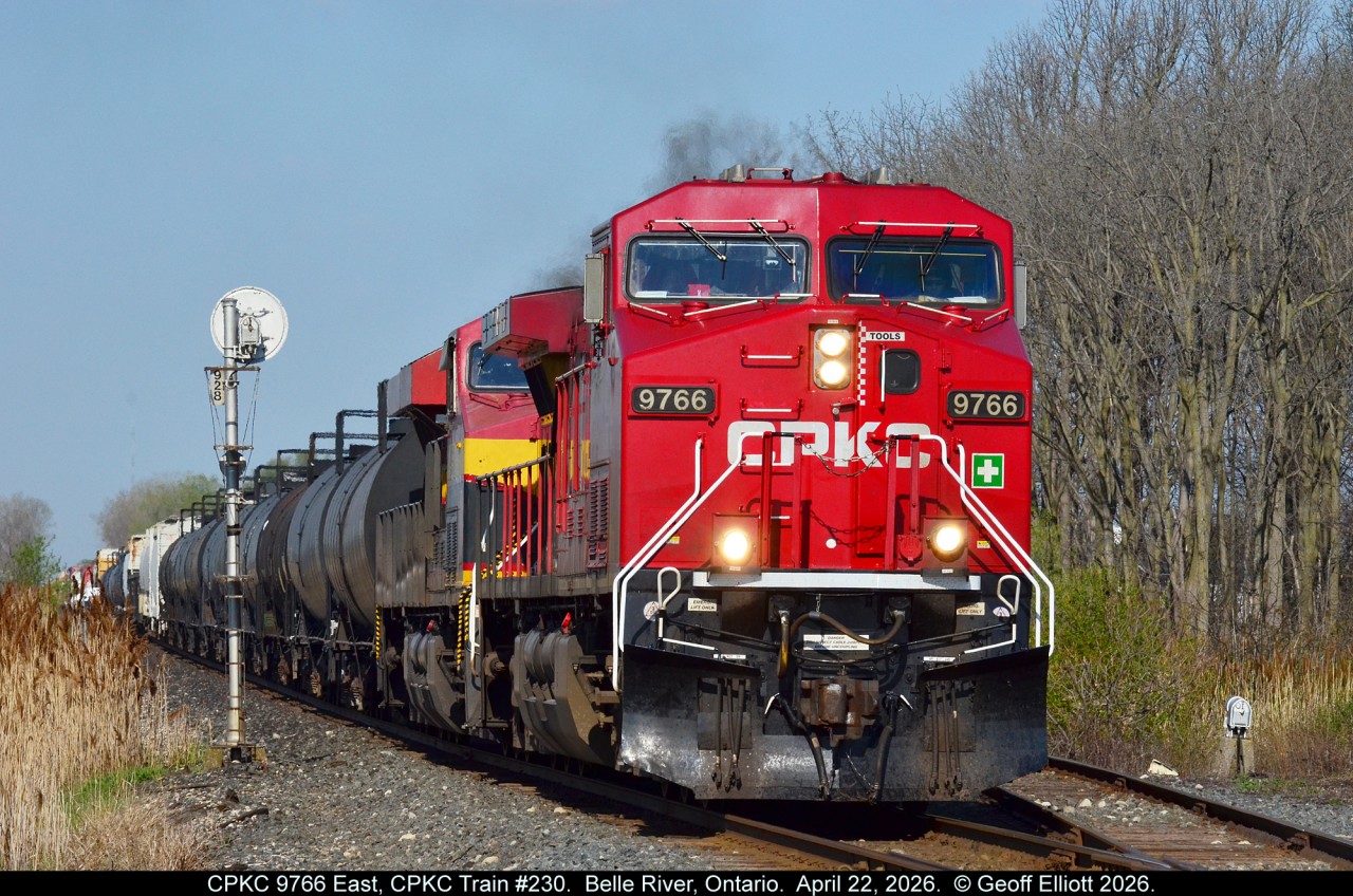 After dropping off Matthew at school the other day I happened to hear a CPKC eastbound on the radio so I hustled over to the East Siding Switch Belle River to grab a shot.  Here CPKC 9766 leads an early Train #230 past the signal at MP  92.8 of the Windsor sub on a beautiful April 22nd morning.