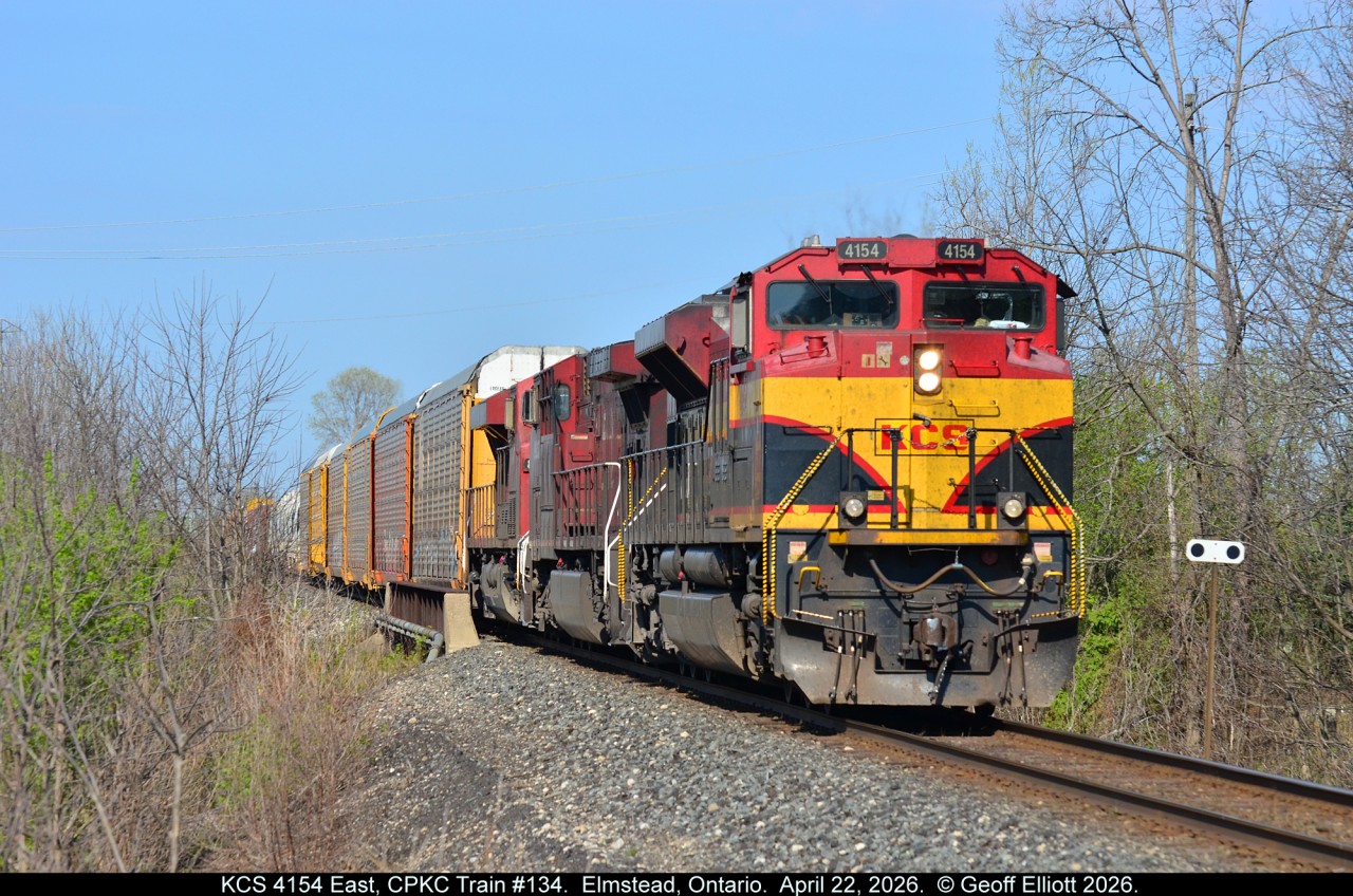 After shooting CPKC 9766 at Belle River I happened to hear another eastbound getting a clearance out of Windsor.  Thanks to Bob Burd for a timely heads up and I was able to snag KCS 4154 East, CPKC Train #134, at Elmstead as it crossed the Pike Creek Bridge.