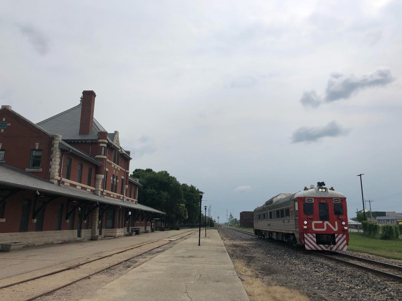 CN 1501 CN Test Track Evaluation Systems rolling through town headed west along the Togo Subdivision.  A modified Budd Car from 1958 and used as a track geometry vehicle.