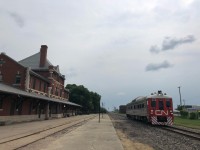 CN 1501 CN Test Track Evaluation Systems rolling through town headed west along the Togo Subdivision.  A modified Budd Car from 1958 and used as a track geometry vehicle.