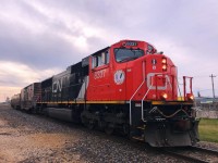 CN 8337 pulling the DGRMS Test Car and TEST Track Evaluation System through Dauphin to points west along the Togo Subdivision.