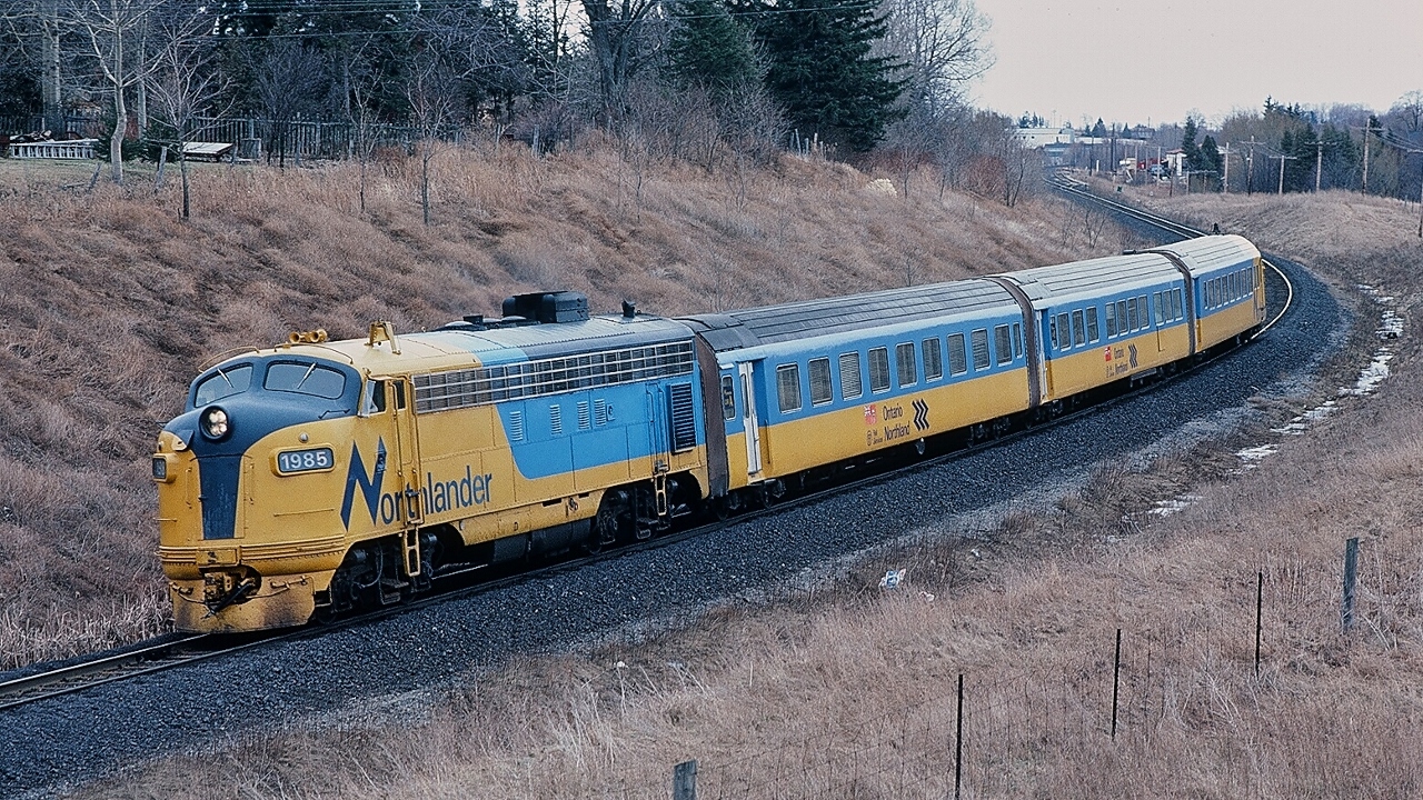 ONR 1985 in better days,


GMD 1951 built  FP7A, delivered to the ONR as  #1518, then in 1980 four FP7A's were reconfigured / renumbered for Northlander service given the issues with the original TEE train 1957 built Werkspoor motive power


Daily except Saturday Northlander, ONR #121 near mile 23 CN Newmarket Sub at King City, March 1, 1981 Kodachrome by S.Danko


noteworthy: #121, eleven hours direct to downtown Timmins. 


ONR 1985 and FP7A 1517 met their demise in a September 9, 1991  open switch incident and collision, per  Jason Noe: 


   fini  


Werkspoor power


   circa 1979  


sdfourty