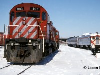 CP Control Cab 1103 (former C-424 4206) and GP9u 8224 are waiting for their next assignment as CP RDC-2 91 and another RDC languish near the caboose shop at CP’s Toronto Yard in Scarborough, Ontario. Eventually 91 was sent to western Canada where it was stored at CP’s shops in Calgary for possible future restoration. Ultimately, the railway found a new home for it at the Alberta Central Railway Museum where it was renumbered back to its original number 9108 and operates there today.