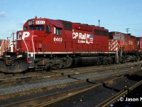 CP SD40A 6403, C-424 4208 and GP38-2 3072 are pictured waiting to depart Aberdeen Yard in Hamilton, Ontario across from the station building. CP 6403 was originally built as Kansas City Southern SD40 625 in June 1970. It was eventually acquired by SOO Line and became SOO Line 6403. 
