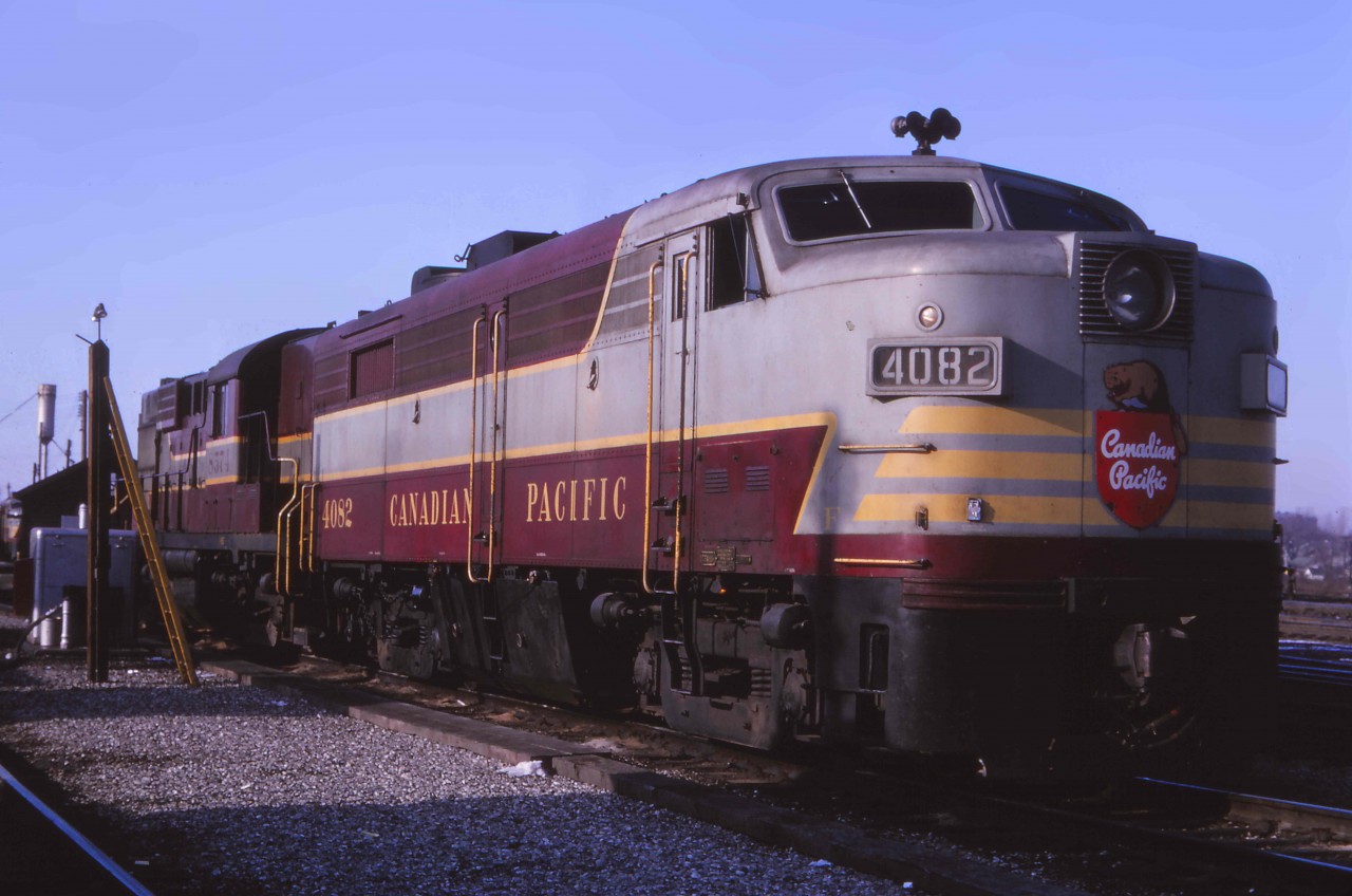 CP 4082 and 8574 rest at Windsor in early 1964. These dual-service units probably are the power for train No. 20, "the Overseas" which was due to depart Detroit at 4:25 PM and change to CP engines at the NYC Windsor station (before departing for Toronto and an overnight run to the Windsor Station!) No. 20 and its westbound counterpart No. 21 would change from conventional trains to RDCs west of Toronto at the April 1964 change of card. (Thanks to Doug Wilson for help identifying the photo location.)