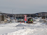 SFG Train 566 manually protects the crossing of Route 132, as they depart from Port-Daniel towards New Richmond with a few loads of cement. The railway had been only reopened almost 2 months prior.