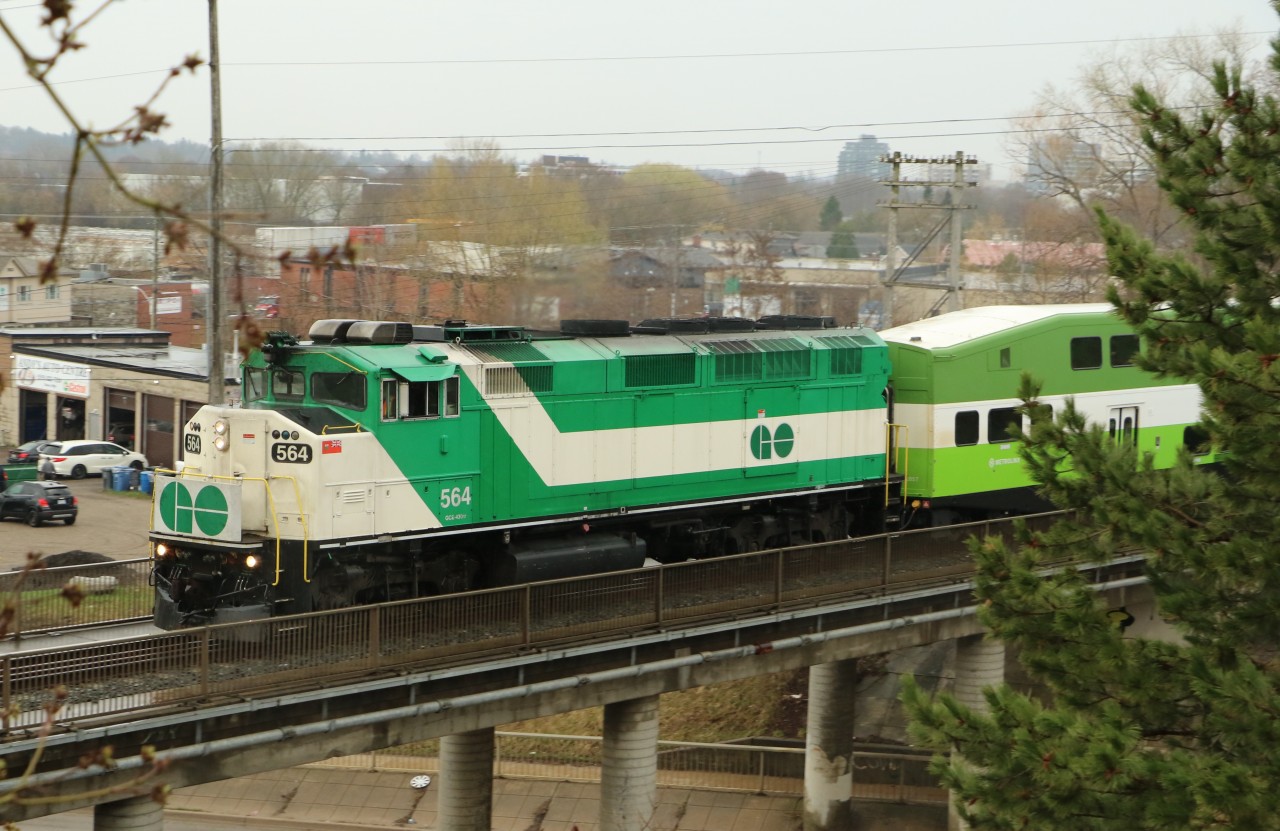 Go Transit EMD F59PH, Unit #564 caught crossing over Victoria Rd in Guelph on the 16April2026. 08:55 departure from Guelph with the final destination being Union Station in Toronto.