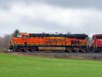 BN leaders are once again a novelty on the Galt Sub. 3099 and 6256 trail as it motors across the Galt with enthusiasm. 1/30th. 