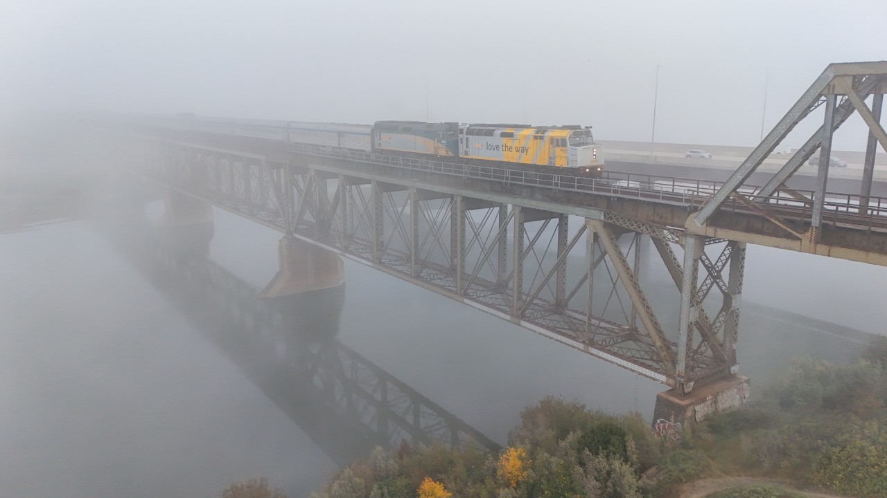 VIA No. 2 The Canadian, departs Saskatoon on a foggy September morning.