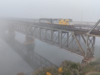 VIA No. 2 The Canadian, departs Saskatoon on a foggy September morning. 