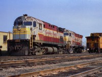 CPR C424s 4225 and 4200 are seen at Windsor Yard with C&O caboose A903 bringing up the rear of a tunnel transfer to Rougemere Yard in Detroit.  C&O 1801 and 5745 lead the transfer.

<br><br><i>John Freyseng Photo, Jacob Patterson Collection Slide.</i>