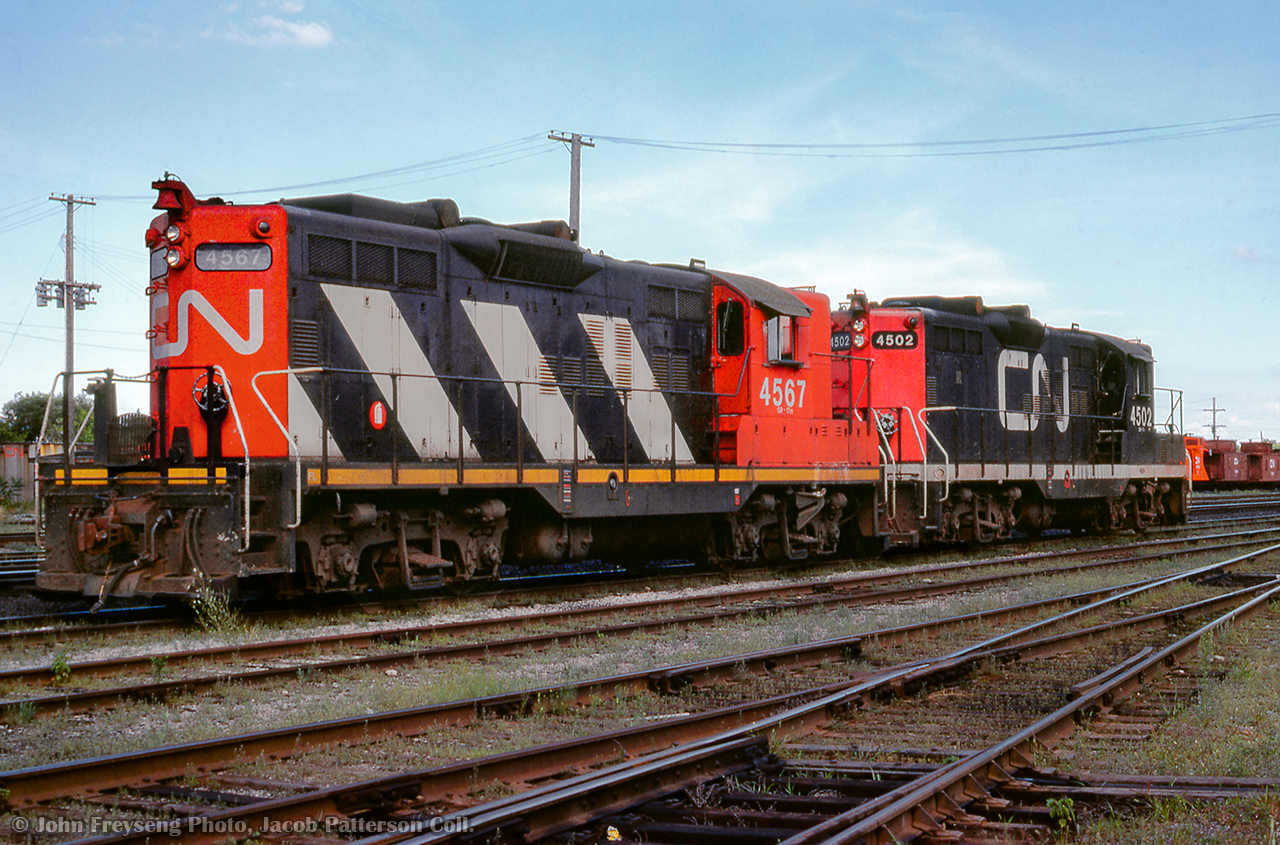 CN GP9s 4567 and 4502 are seen tied down at Allandale Yard.

John Freyseng Photo, Jacob Patterson Collection Slide.