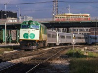 Rolling down the Bala Sub from Richmond Hill GO, a morning train nears Union Station passing beneath Queen Street.

<br><br><i>Scan and editing by Jacob Patterson.</i>