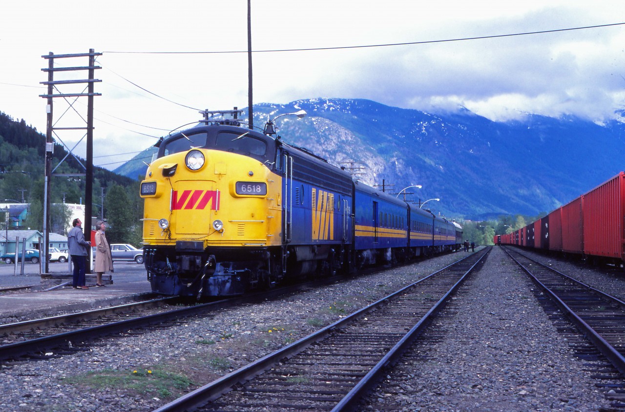 The Skeena pauses at Terrace on the Saturday of Victoria Day weekend in 1982. Now operating tri-weekly between Edmonton and Prince Rupert (departing Edmonton Sunday/Wednesday/Friday at 1700, Jasper 2215, Prince George 0640, and arriving Prince Rupert at 1900 the following day). In June 1984, a Skyline dome car would be added and the train extended to Winnipeg (alternating three days per week with the Winnipeg-Edmonton train). Note the private car on the tail end of today’s train.