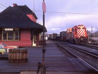At one time, CP station at Golden was a busy place with crews coming and going as well as being a VIA stop. Times changed; the station closed, and was moved in 1988 to become the local museum, as far as I recall.
Here's a morning view with CP 8519 alongside, having just rolled out of the yard with a lengthy train.