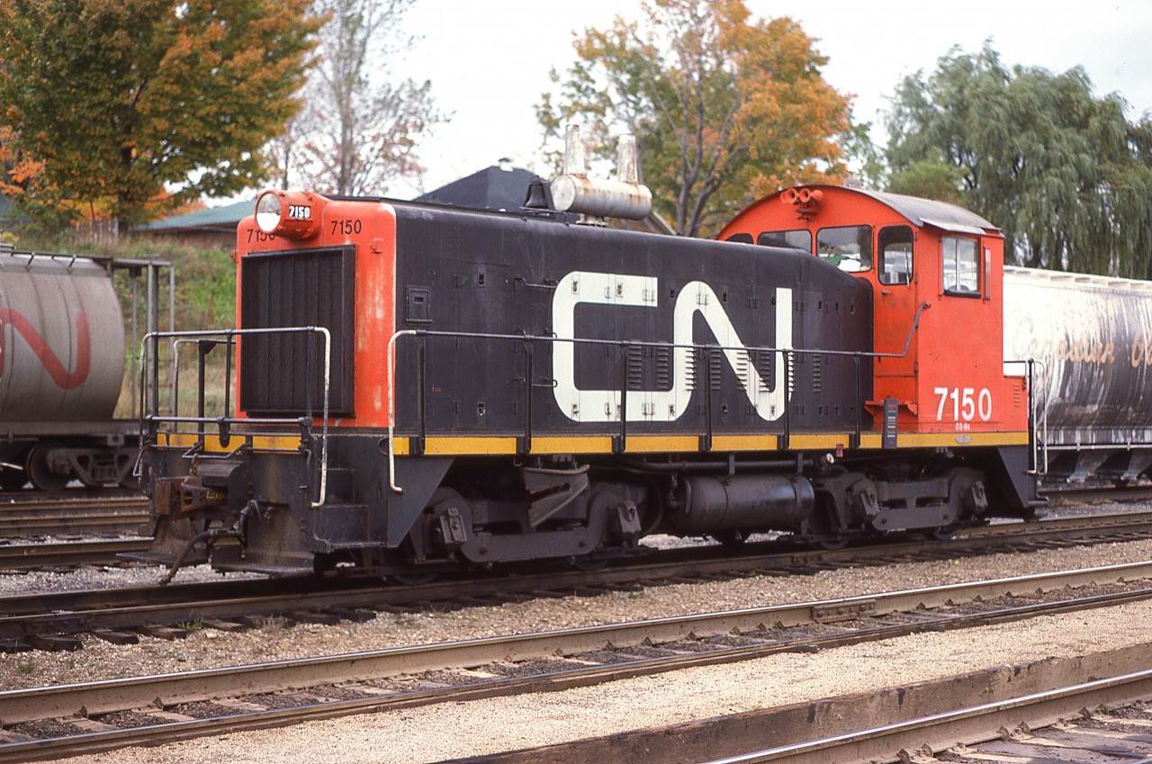 Pictured is CN 7150, an old GMD SW8 that used to work the Woodstock yard and area. This was the first of 34 SW8 switchers built, beginning in 1951. This may have been the first to be retired as well, being pulled from service in 1984.  Some of these units were sold, most scrapped.  Where 7150 ended up is unknown.