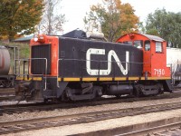 Pictured is CN 7150, an old GMD SW8 that used to work the Woodstock yard and area. This was the first of 34 SW8 switchers built, beginning in 1951. This may have been the first to be retired as well, being pulled from service in 1984.  Some of these units were sold, most scrapped.  Where 7150 ended up is unknown.