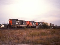So here it is relatively early in the morning and the first thing I see is a westbound thundering off the Halton with pretty much all the ferocity a set of GP9s could muster. CN 4516, 4536, 4483 look like they are running full out with a train of TOFCs.  Just what we do not see any more in Canada.....GP9s and Trailers on flat cars.
I was heading off to Newtonville after this.  Good start to the day!