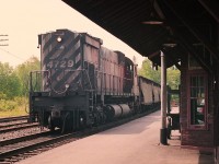 CP 4729 with work train stopped at Parry Sound station in 1986. This locomotive was retired by 1995.