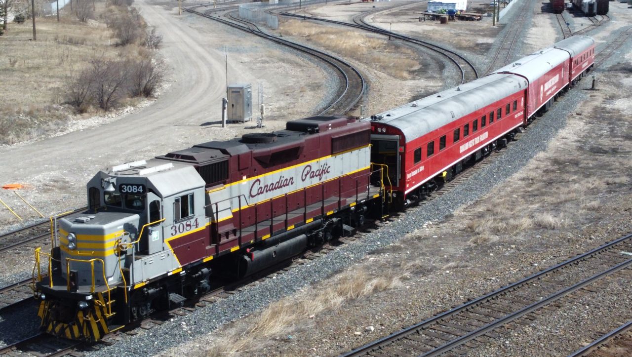 Heritage GP38-2 CP 3084 switches out the track evaluation train that had arrived back at Ogden Yard earlier behind a GP20-ECO unit. I decided to fire up the drone as there was an Eastbound approaching to block the shot.