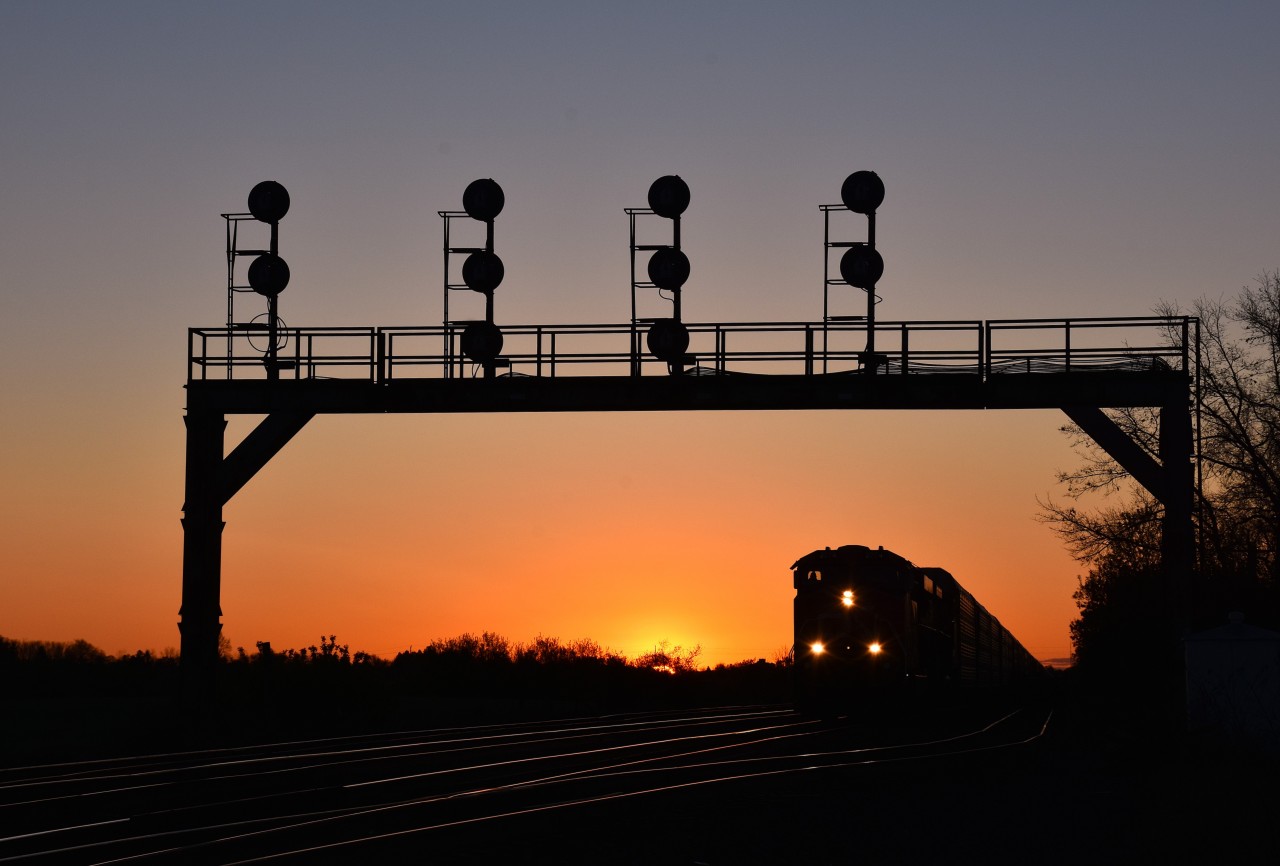 Over the past few years, because of much longer trains there are obviously fewer trains operating. I have tried a few times to get a 'sunrise' photo at Paris West.  Finally, this morning, I got one.  You guys who go out early in the morning know how fast things change. The sun was peeking when the train arrived, and the full ball of glory was above the horizon by the time the train passed. Rolling by was CN 2274, 2538 and a long line of empty autoracks.
