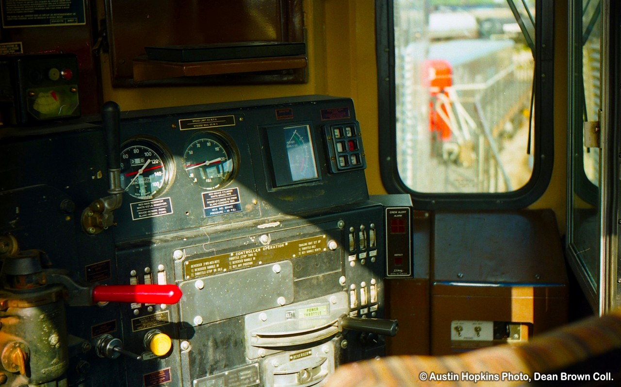 In the cab of CN GP9RM 7256 at Niagara Falls.