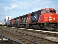 CN train 431 is viewed arriving at Kitchener, Ontario on the Guelph Subdivision with GP40-2L(W)’s 9508, 9549, 9530 and M-420(W) 3561. The crew will set-off the first six cars of their train and then lift the loaded automotive frame cars from the Budd plant before continuing west to London. 