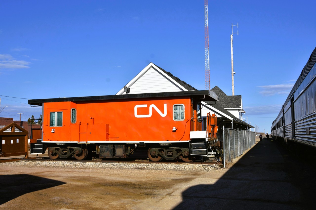 A transfer of duty  
CN 76659 transfer van has been retired from service and is now sitting at right angle to the mainline on static display at the CN Station House Museum in Canora, SK. 
Passengers on VIA 693 and VIA 692 the Winnipeg to Churchill and return trains have the opportunity to detrain in Canora while the head-end crew is changed out. 
I have passed through Canora numerous times since 2022 on my annual trips to Churchill looking each time for the CN road number to be stenciled on the side of the van. But, once again, there it isn't. :-)