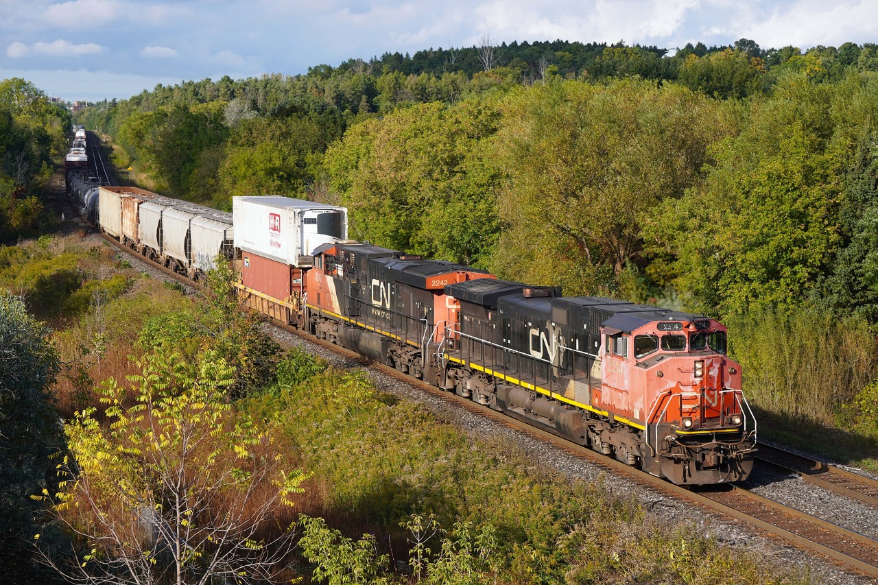 Classic and faded Canadian cab Dash-9 CN 2514 leads a CN M314 through the curve near mile 19.5 Bala Sub before passing under the 16th Avenue bridge with what I assume was a bad order well car right behind the power.