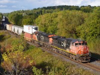Classic and faded Canadian cab Dash-9 CN 2514 leads a CN M314 through the curve near mile 19.5 Bala Sub before passing under the 16th Avenue bridge with what I assume was a bad order well car right behind the power.