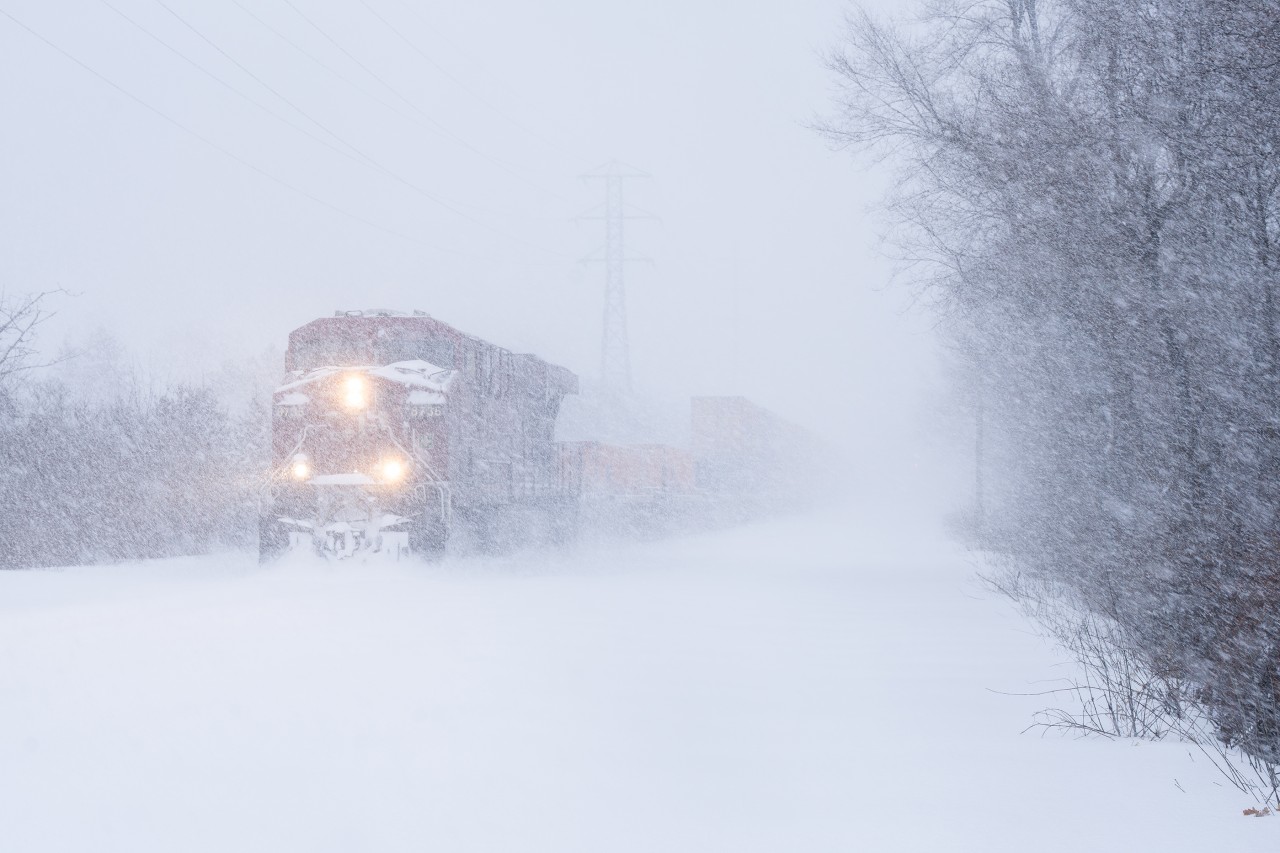 During the latter part of January 2026, Toronto received a record dumping of snow not seen since the 1940's...I went out into whiteout conditions to try and find some trains. I started locally on the North Toronto Sub and as luck would have it, what I believe to have been CP no.113 appeared out of the snow trudging through the storm westbound with CP 8735 up front. After the North Toronto I headed east to  Danforth  in order to shoot GO and VIA in the snow.