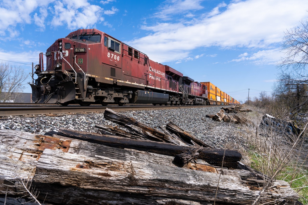 What I believe to be CP no.2-133 pulls ahead while working Agincourt Yard in the east end of Toronto, with GEVO 8786 and AC44 9719 up front for power.