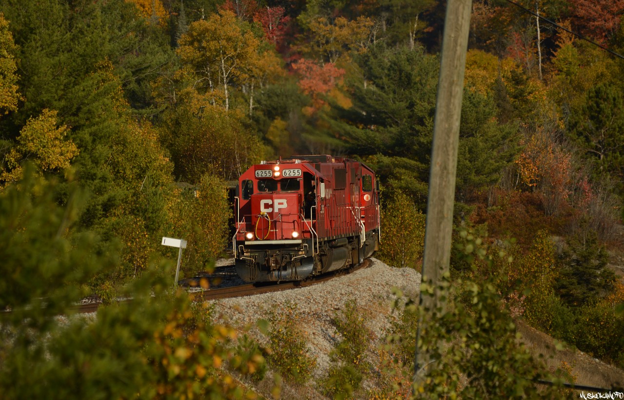 CP 6255 and CP 6012 pop out from some fall colors cresting the top of the hill/Levack spur, about to cross Highway 144 before running around their loads from the Coleman mine in Levack, and heading East for Sprecher where Vale will drag them into the Copper Cliff smelter.