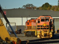 HCRY 802, HCRY 3802, and RLK 3410 sit in the morning sun on the East side of the shop building in Sudbury while a CPKC Engineering crew works on a switch in new yard. 