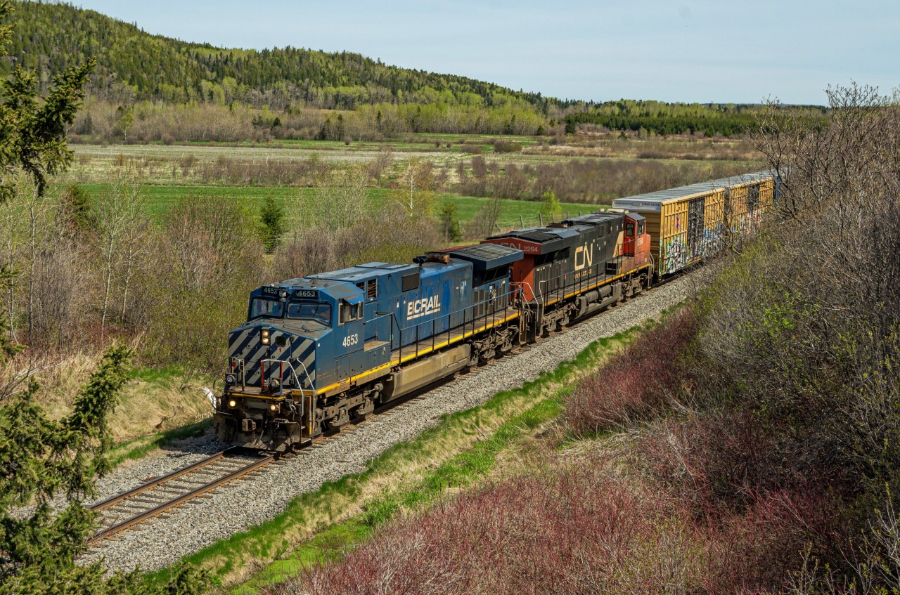 BC Rail Dash 9-44CW #4653 leads train 403 at the Route 132 overpass in Bic on a wonderful but cold Patriots Day. BCOL 4653 is the first BC Rail locomotive this year to roam the Mont-Joli subdivision, they are far less common since the Dash 8 locomotives were retired... Trailing mid-consist was a set of about a dozen former BC Rail woodchip gondolas recently acquired by the Gaspésie Railway. They were the first loads of woodchips to come through in about a year, although they weren't headed for Rivière-du-Loup this time... I am not sure who is the new customer that recieves these loads. New traffic sure is welcome!