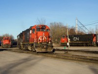 With a second set of local power parked at left and the test train parked at right, CN 536's power begins its shift at Coteau.