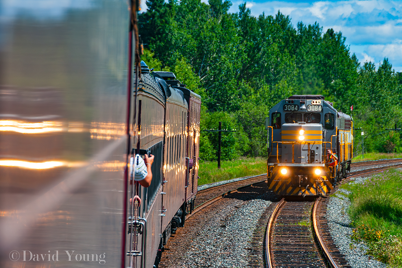 Part of CP's 125th Anniversary celebration of the driving of the final spike, CP's Royal Canadian Pacific made runs over the Nipigon and Heron Bay Subdivisions during the week of July 12th, 2010. On July 12th Thunder Bay employees and their family were given the opportunity to ride from Thunder Bay to Hurkett and return. The trip to Hurkett was rather uneventful and I was able to peak out the vestibule of one of the coaches to catch the power in the midst of running around the train, heading west down the siding. The ride home would be extended as the hot box just outside Hurkett and coming into Thunder Bay would be tripped for false hot box warnings caused by what I recall was an exhaust which vented down towards the track. We were delayed for quite a while around Mackenzie as we had to await GM approval to proceed into Thunder Bay.