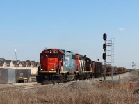 Eastbound L551 through Derry and over the newly installed #20 left-hand turnout which will provide access to the extended south track between Derry and Ash (Mile 38.8). Track improvements to support the future Milton Logistics Hub.

