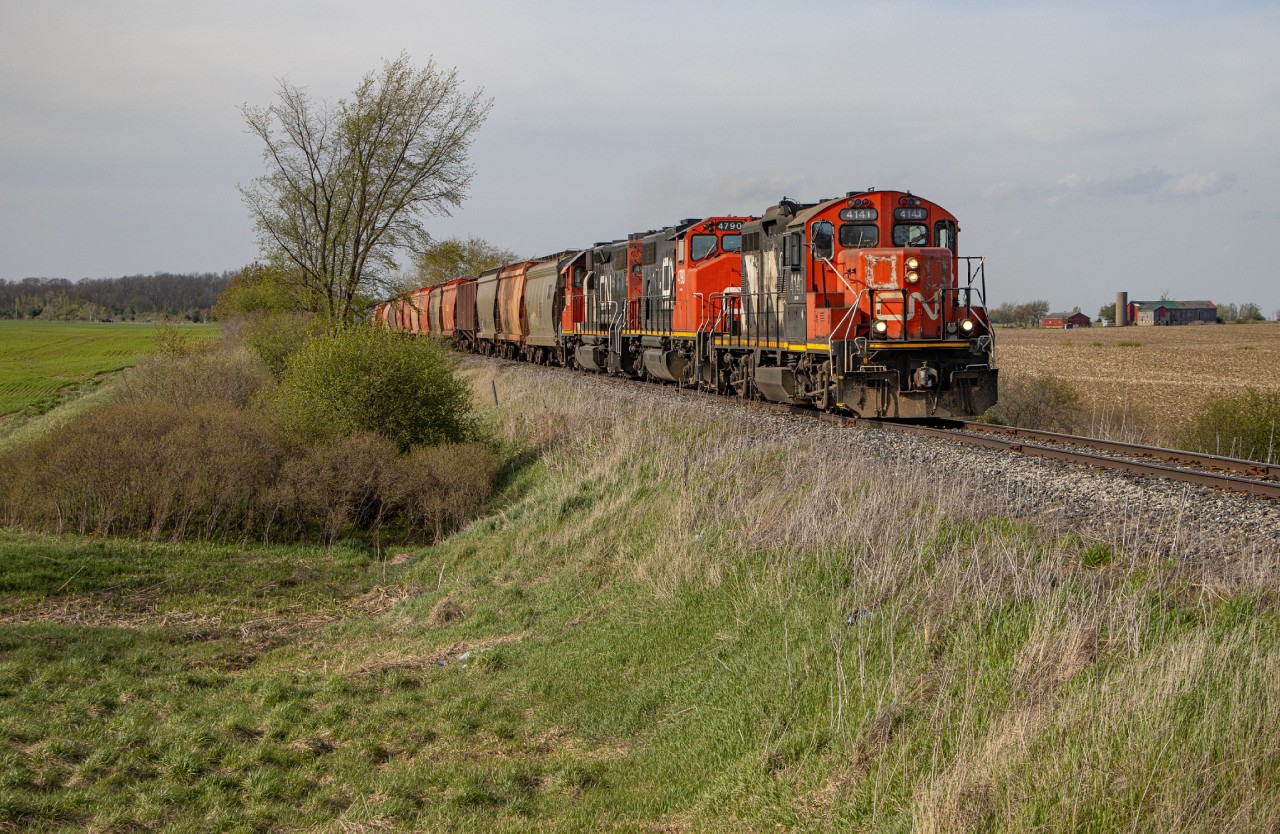 One of the most interesting things left to get photos of nowadays on CN - the GP9RM's have been a staple of the railfanning scene for over 40 years.  With the retirement over the past few years of all mainline "sergeant stripes" units, these are some of the most notable locomotives with the scheme remaining intact.  CN is also the last class one railway in North America to roster GP9's of any kind, the oldest still currently rostered just having turned 70 years old last year (CN 4125).

Seen here at Manning Drive south of London, CN 4141 is a recent transfer unit from the Montreal power pool.  It has proven to be a reliable puller, and the London crews have taken a liking to it.  Trailing behind, 4790 has been a staple of the Southern Ontario power pool for years, and 4936 is one of the more recent additions.  In the photo, L584 is heading south to St. Thomas where they will interchange cars with OSR and GIO, along with working the Formet plant.  I used to watch 584 at this spot when I was much, much younger, and the power has stayed mostly the same.  This train is also the last amount of business CN has in the city of St. Thomas, no longer running any of their own trains on the Cayuga/Paynes Subdivisions, and the CASO Subdivision running west out of St. Thomas being closed and abandoned for over 20 years.  

Hopefully the GP9RM's last a little bit longer.  People seem to have been saying they're on the brink of retirement for the past couple of years, but they just keep soldiering on.