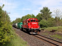 After waiting at Guelph Junction for quite some time for CPKC 134 to arrive and do its work there, CPKC finally got underway to do its yearly weed spraying program. Here, the bright clean EMD SD60 in CP 6222, sporting the new paint scheme, sprays along around mile 42.7 as it continues its journey westward.