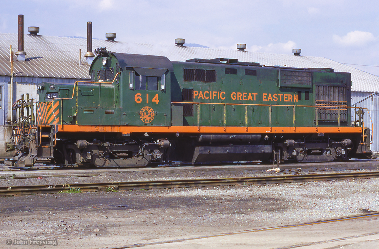 Sitting outside the Pacific Great Eastern diesel shop at North Vancouver is MLW RS18 614, built in 1964.

Scan and editing by Jacob Patterson.