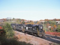 The colours have just started to change as the Starlight makes its usual late afternoon appearance at Bayview behind PC 7429, 5820, and 7430 on a fine October 1974 afternoon. The fans preferred TH&B units on this train; however, it turns out that the black PC units were more unusual--Penn Central only had a corporate existence from 1968 to 1976 whereas TH&B units were found on the Starlight and Kinnear from 1966 until 1985!