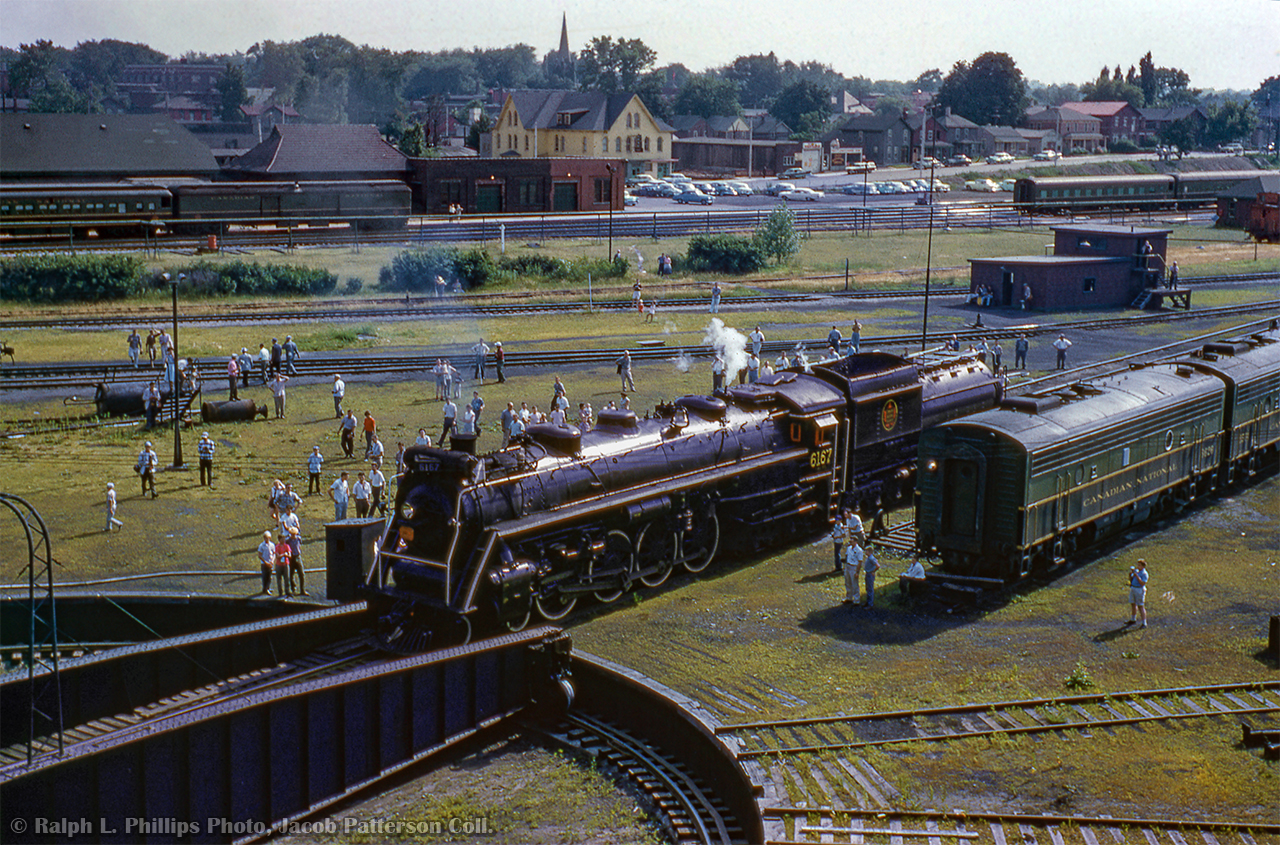 The view from the roundhouse.  CNR 6167 is seen on the first trip of her excursion career, sponsored by the Upper Canada railway Society, at the Niagara Falls Roundhouse on July 10, 1960.  Having run Toronto - Niagara Falls via Hamilton - Caledonia - Welland Junction - Pot Robinson - Stamford, 6167 will be spun on the turntable, and topped up with coal and water before departing for Toronto Union Station.

Spotted for servicing.
Coaling up.

Take a look at different era of Niagara Falls and the region through these aerials here


Ralph L. Phillips Photo, Jacob Patterson Collection Slide.