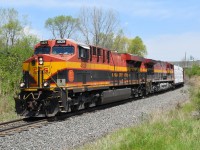 The excitement and fanfare for catching KCS on CPKC has probably died down for many, but for me it's still exciting to see. The long weekend finally allowed me to photograph a pair of KCS in good light. KCS 4829 and KCS 4575 slowly lead CPKC 236 down the Hamilton Sub. as they curve between Hwy. 6 and Newman Road.    