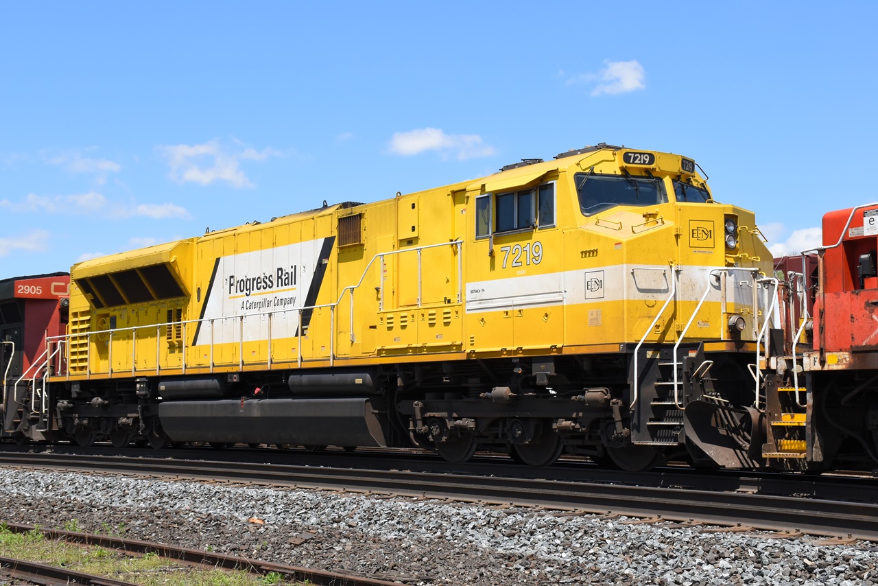 A westbound led by CN 2905, EMDX 7219, and GTW 5830 went in to emergency as it passed me at the east end of the station platform. The resulting brake squeal and smoke startled several VIA passengers waiting on the platform for VIA train 73 to arrive. Unfortunately for them, CN 580 was on the south track waiting for the westbound to pass before they could get back into the yard and get out of the way of VIA 73, so things got tied up for a bit. However, it was fortunate for me because I was able to get a good look at EMDX 7219 west of the station. The conductor walked along the first few cars with a brake hose and wrench in hand but soon returned, so I don't know what caused the emergency brake application but the issue was resolved fairly quickly and the train departed.